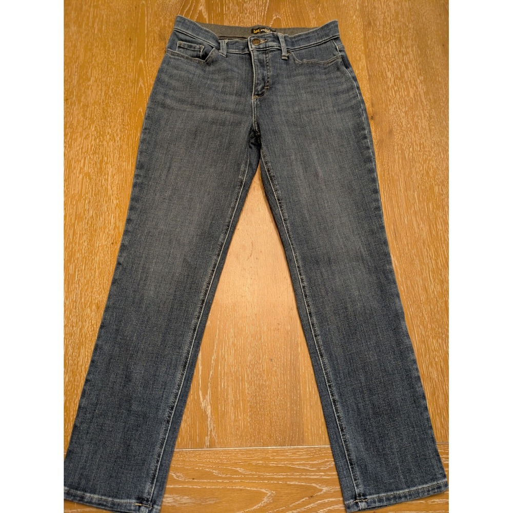 Lee Womens Slim Fit Straight Leg Mid Rise Medium Wash Denim Jeans Blue